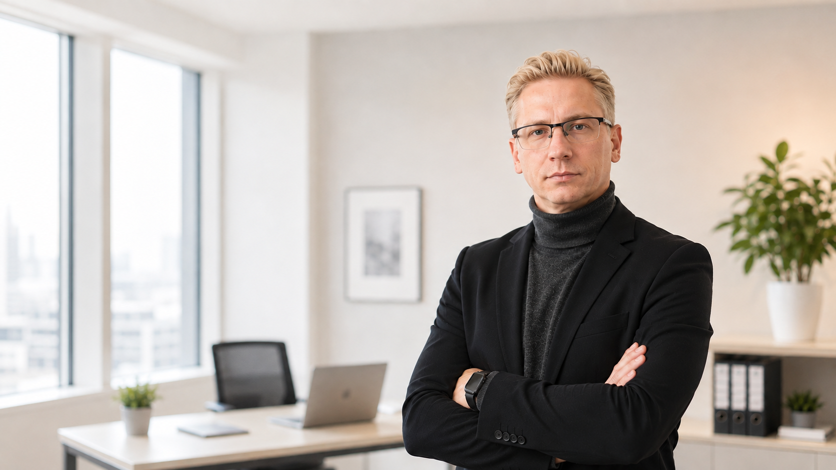 Rene Wedemeyer, Halbfigur mit verschränkten Armen, in einem
                  hellen Büroraum mit Blick über die Stadt.